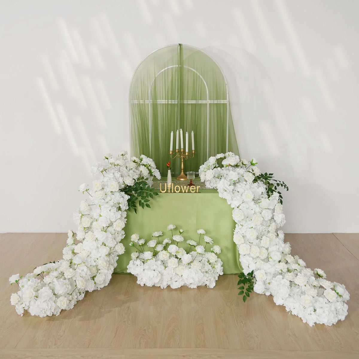 Uflower White Rose Table Runner Sofa Floral Wedding Backdrop Decor SET80120 - Uflower