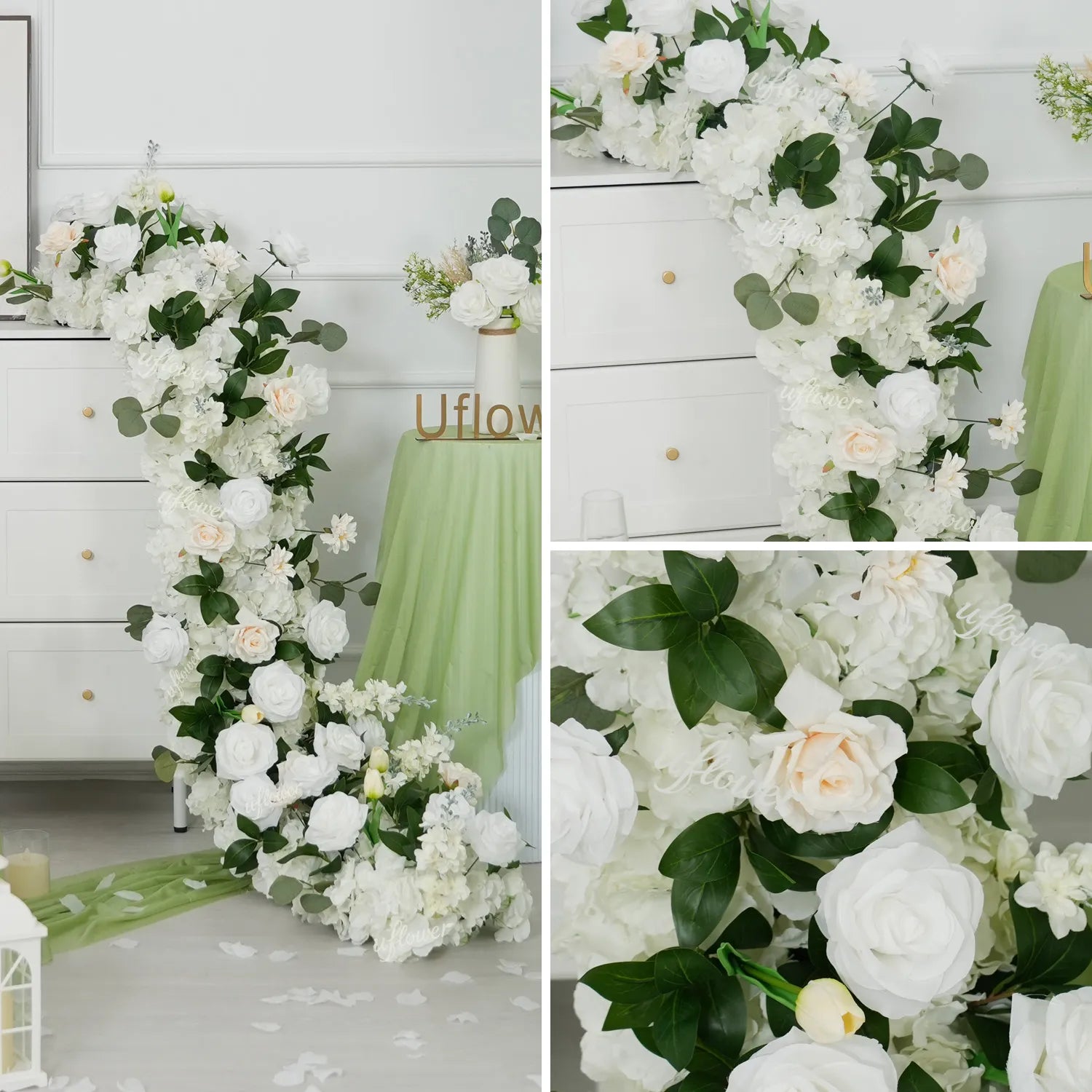 Uflower White Rose Greenery Sofa Table Runner Floor Flower Arrangement MC80222-04