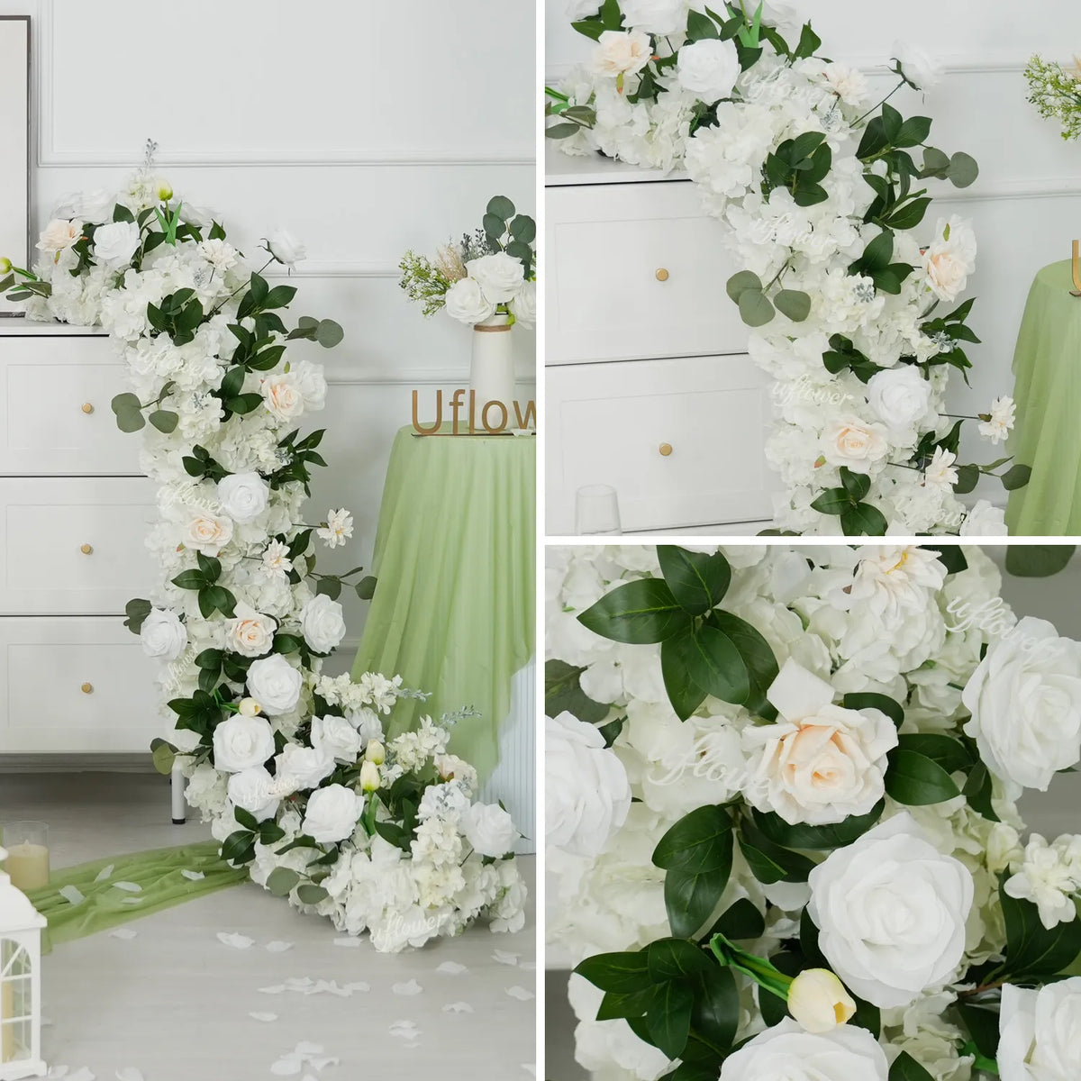 Uflower White Rose Greenery Sofa Table Runner Floor Flower Arrangement MC80222-04