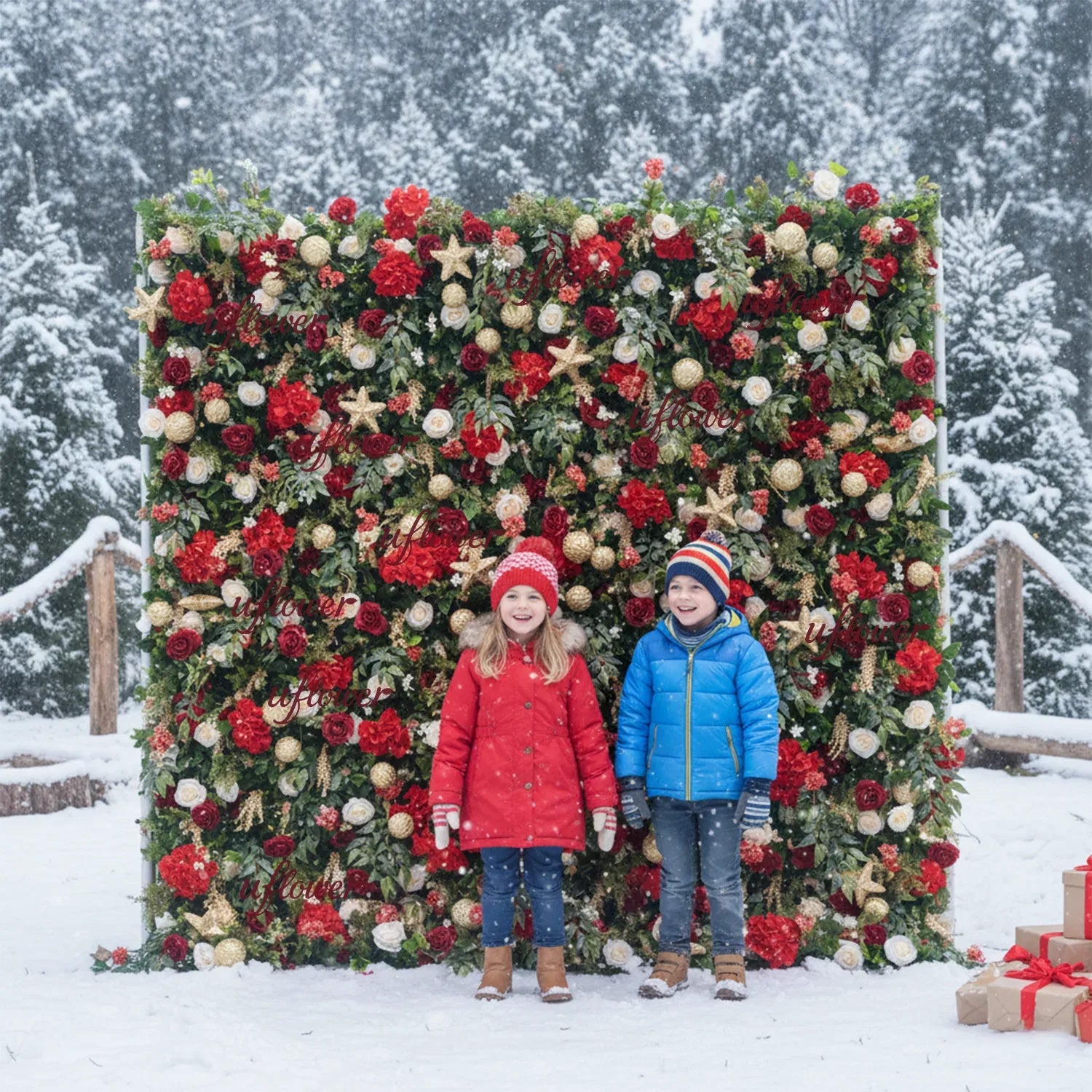 Uflower Christmas Red Gold Flower Wall Luxurious Star & Ball Decorated Floral Backdrop Holiday Party Decor - Uflower