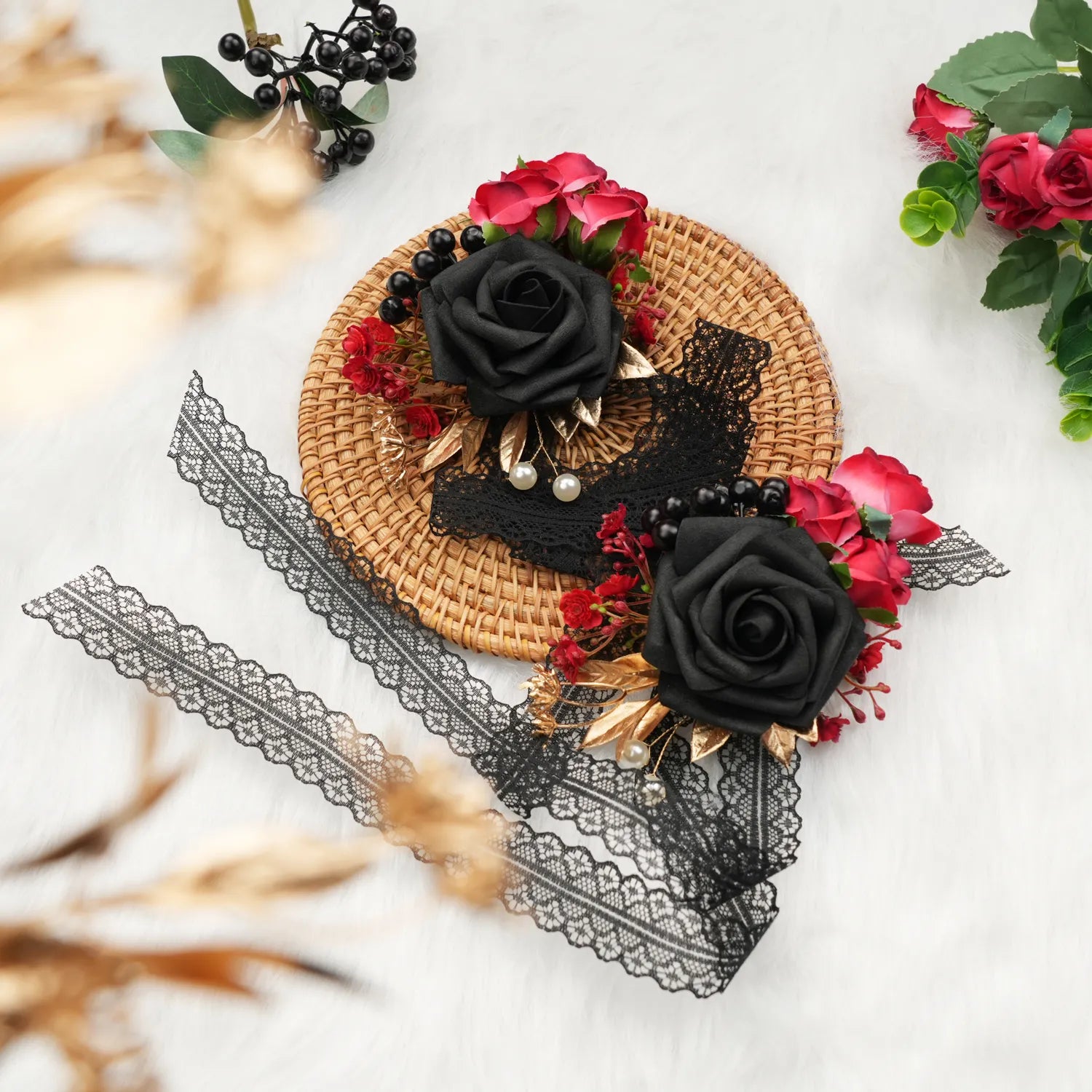 Uflower Black & Red Wrist Corsages for Weddings & Events MG80011-04*6