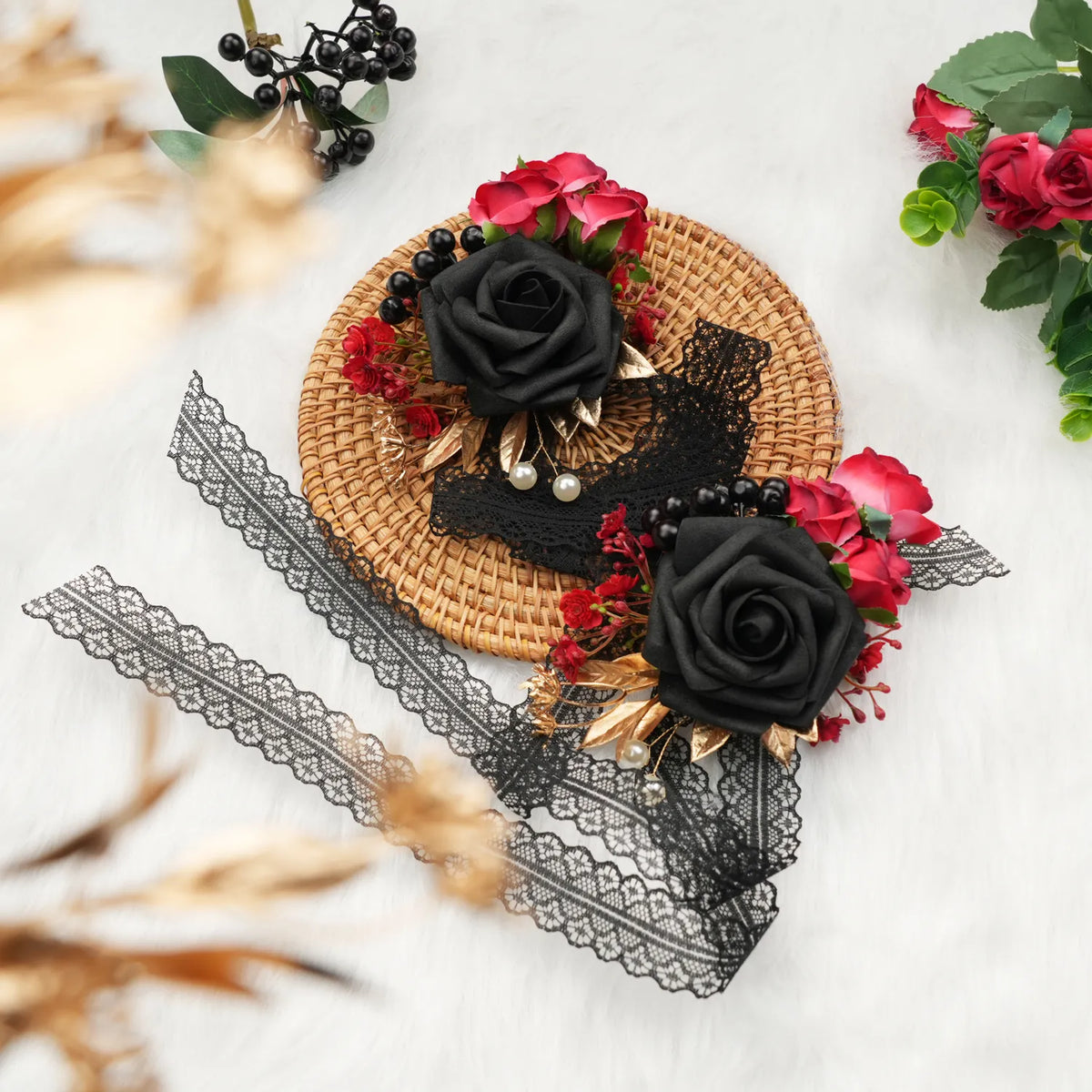 Uflower Black & Red Wrist Corsages for Weddings & Events MG80011-04*6