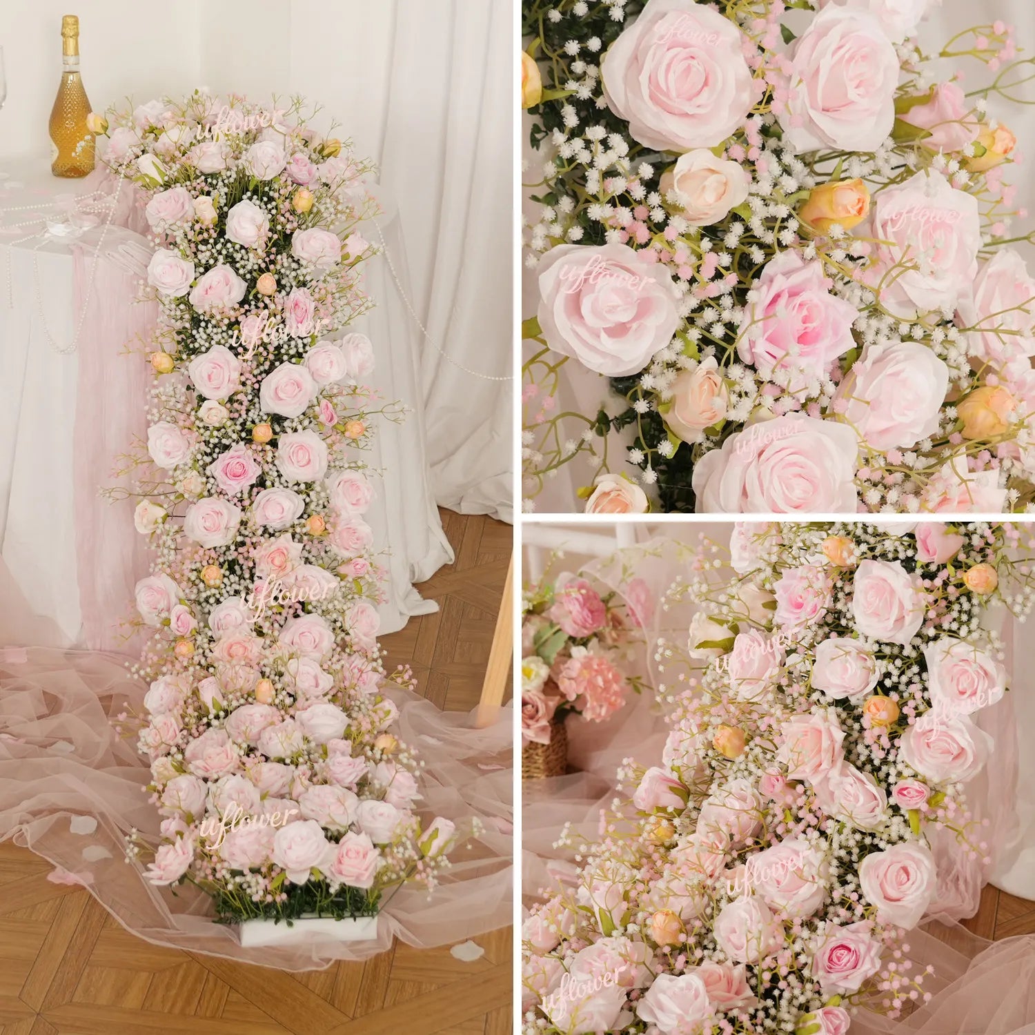 Uflower  Pink Rose&Baby's Breath Flower Row  Table Runner  MC80230-05