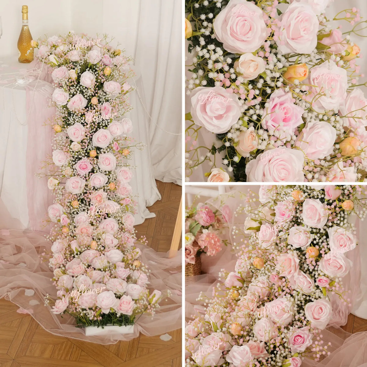 Uflower  Pink Rose&Baby's Breath Flower Row  Table Runner  MC80230-05