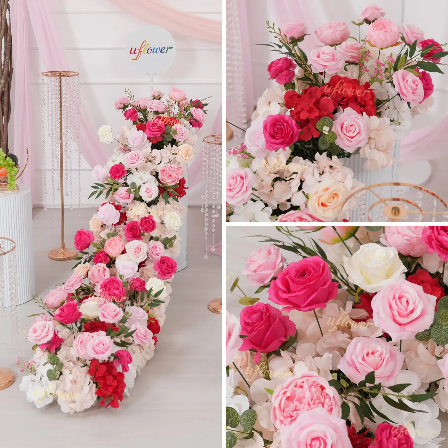 Uflower Pink Rose Table Runner Sofa Floral Wedding Backdrop Decor MC80281-01
