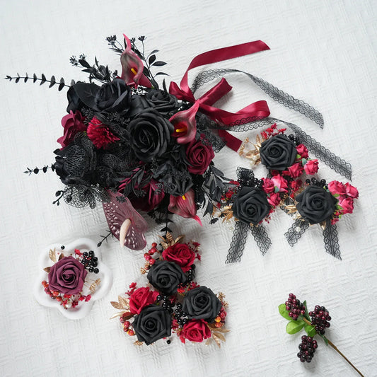 Uflower Black Burgundy Bride Bouquet Wrist Corsage Groom Boutonniere Set Wedding Event Supplies SET80080-11 - Uflower