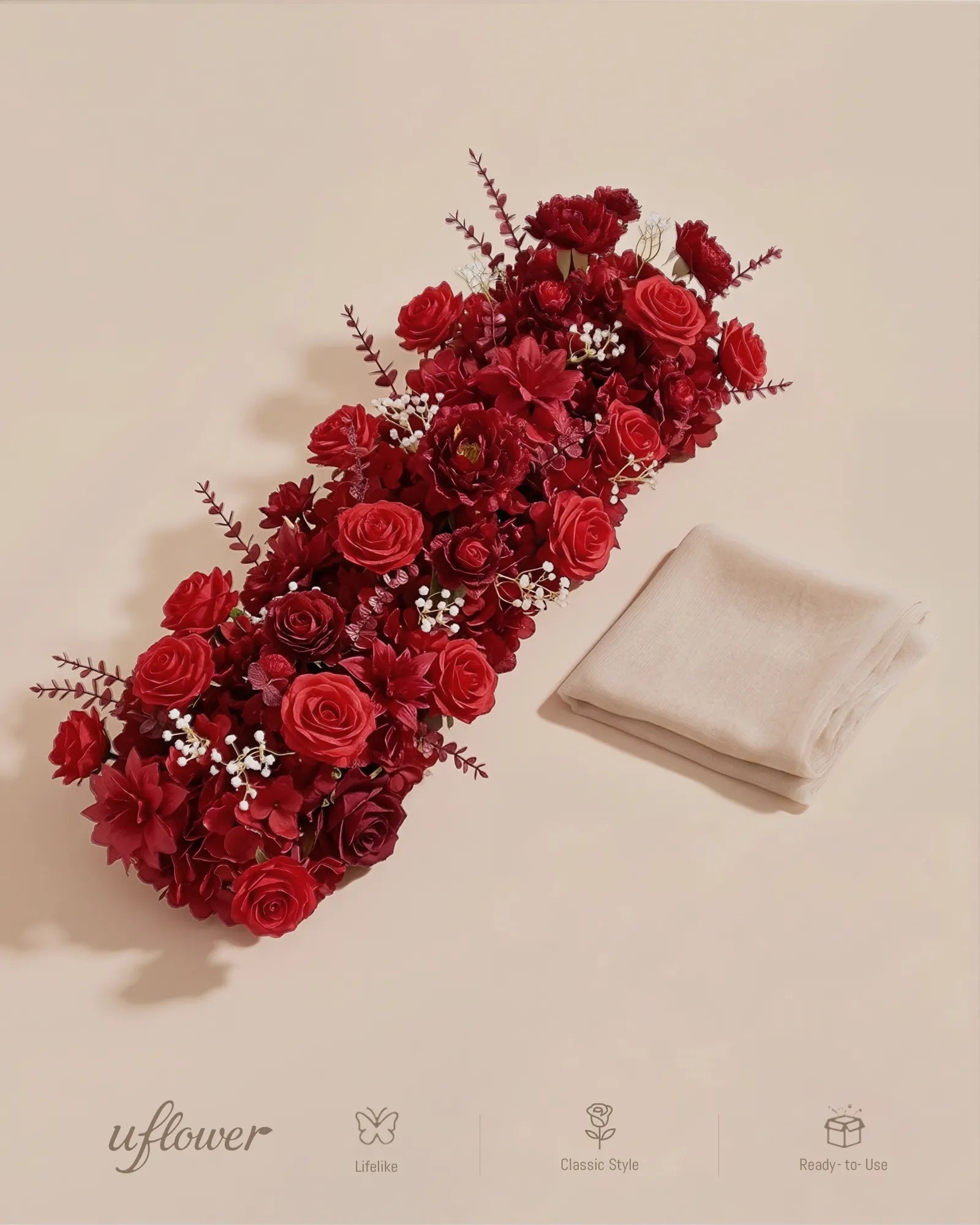 Uflower 100cm Red Rose & Peony Flower Row with Drapes MC89005-01