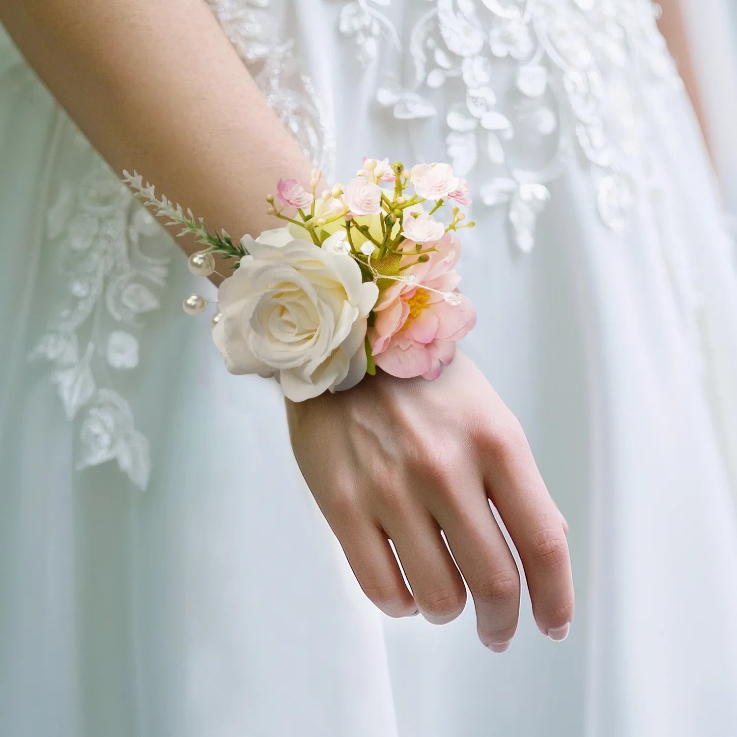 Uflower Pink White Series Bride Bouquet Wrist Corsage Groom Boutonniere Wedding Event Supplies SET80080-09