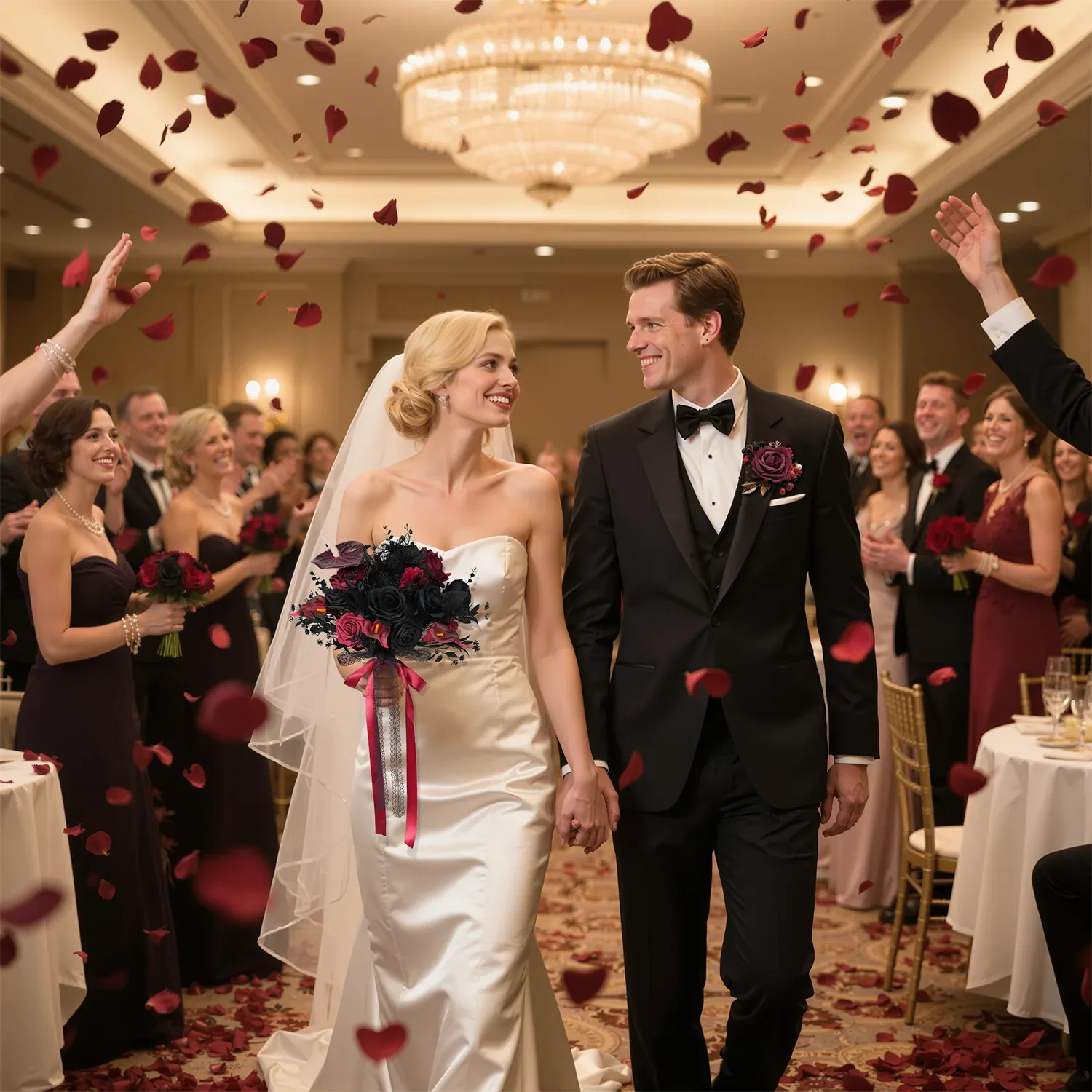 Uflower Black Burgundy Bride Bouquet Wrist Corsage Groom Boutonniere Set Wedding Event Supplies SET80080-11 - Uflower