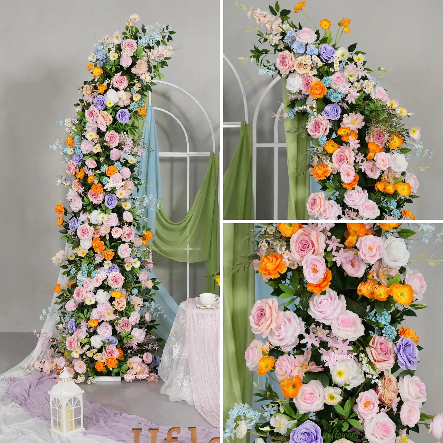 Uflower Pink Orange Greenery Floral Horn Arch Wedding Party Backdrop Decor SET80234
