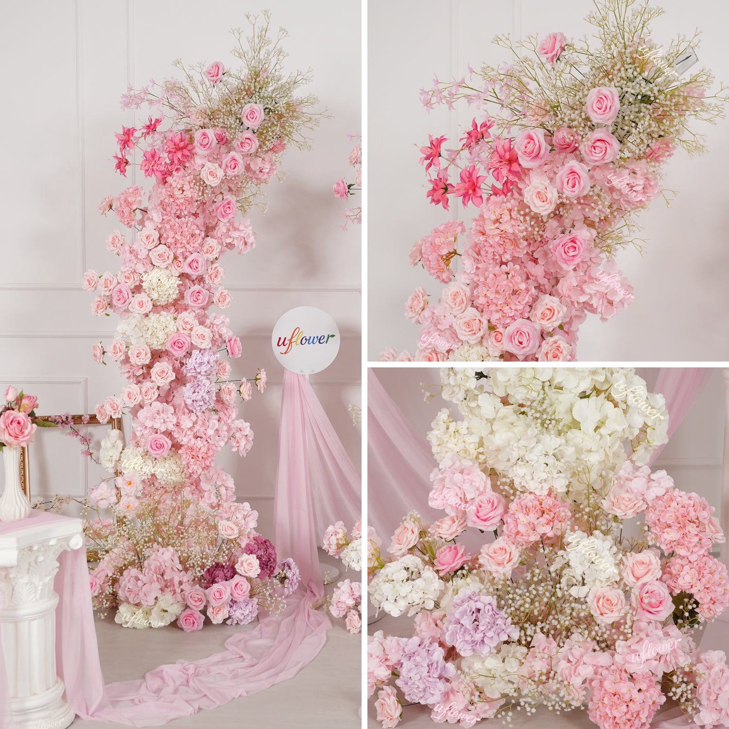 Uflower Pink White Floral Horn Arch Wedding Party Backdrop Decor SET80238