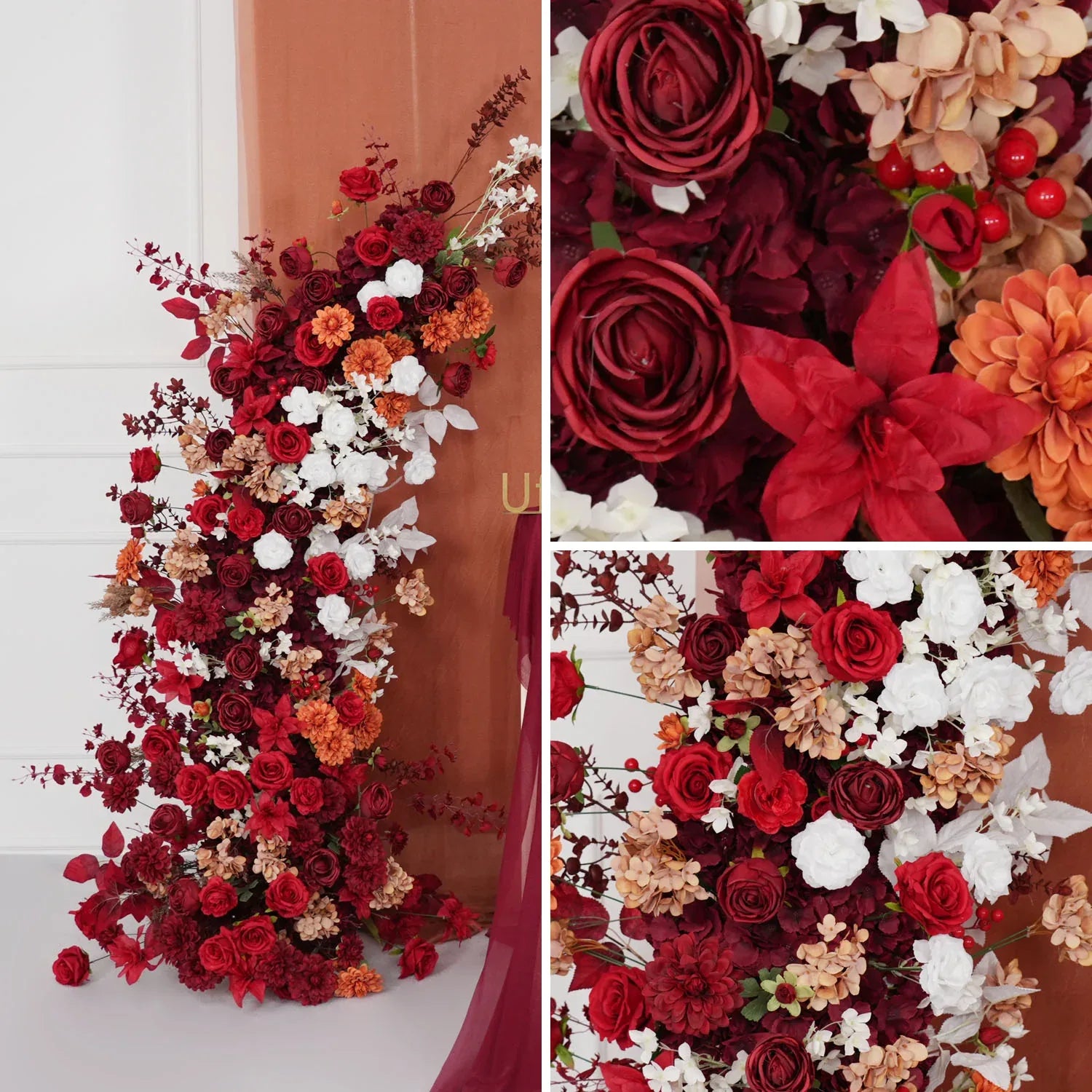Uflower Autumn Red Rose Floral Arrangement Horn Arch Wedding Backdrop Decor SET80134 - Uflower