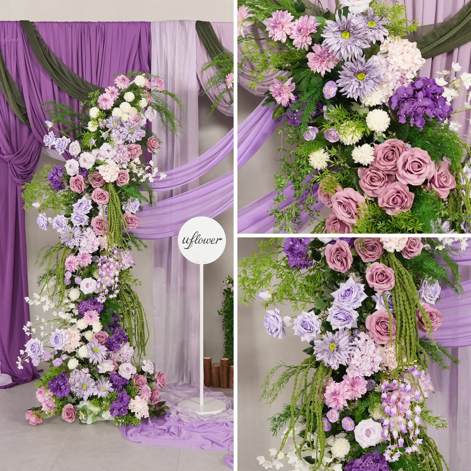 Uflower Purple Floral Greenery Arrangement Horn Arch Wedding Backdrop Props SET80227