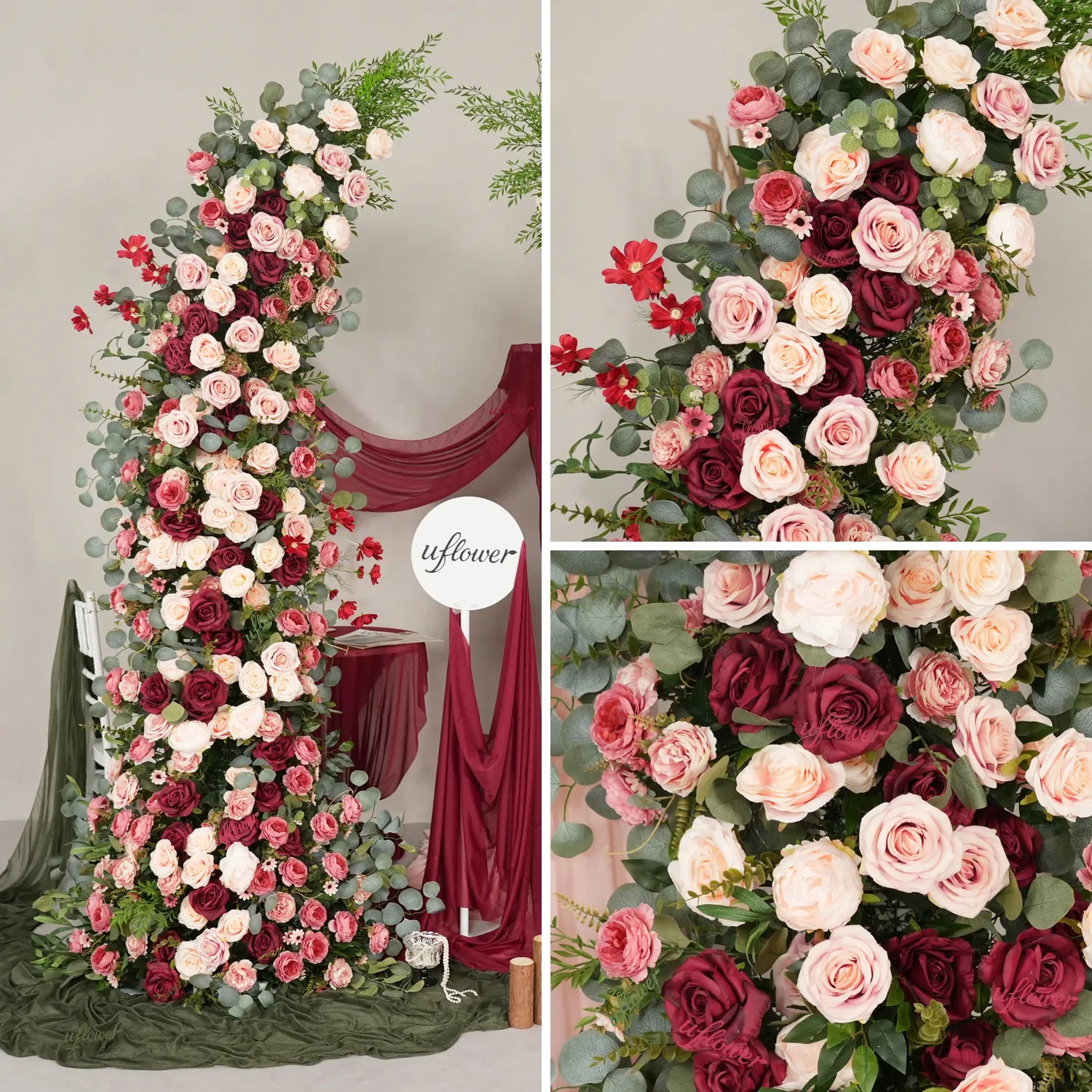 Uflower Pink Red Rose Floral Horn Arch Wedding Party Backdrop Decor SET80229