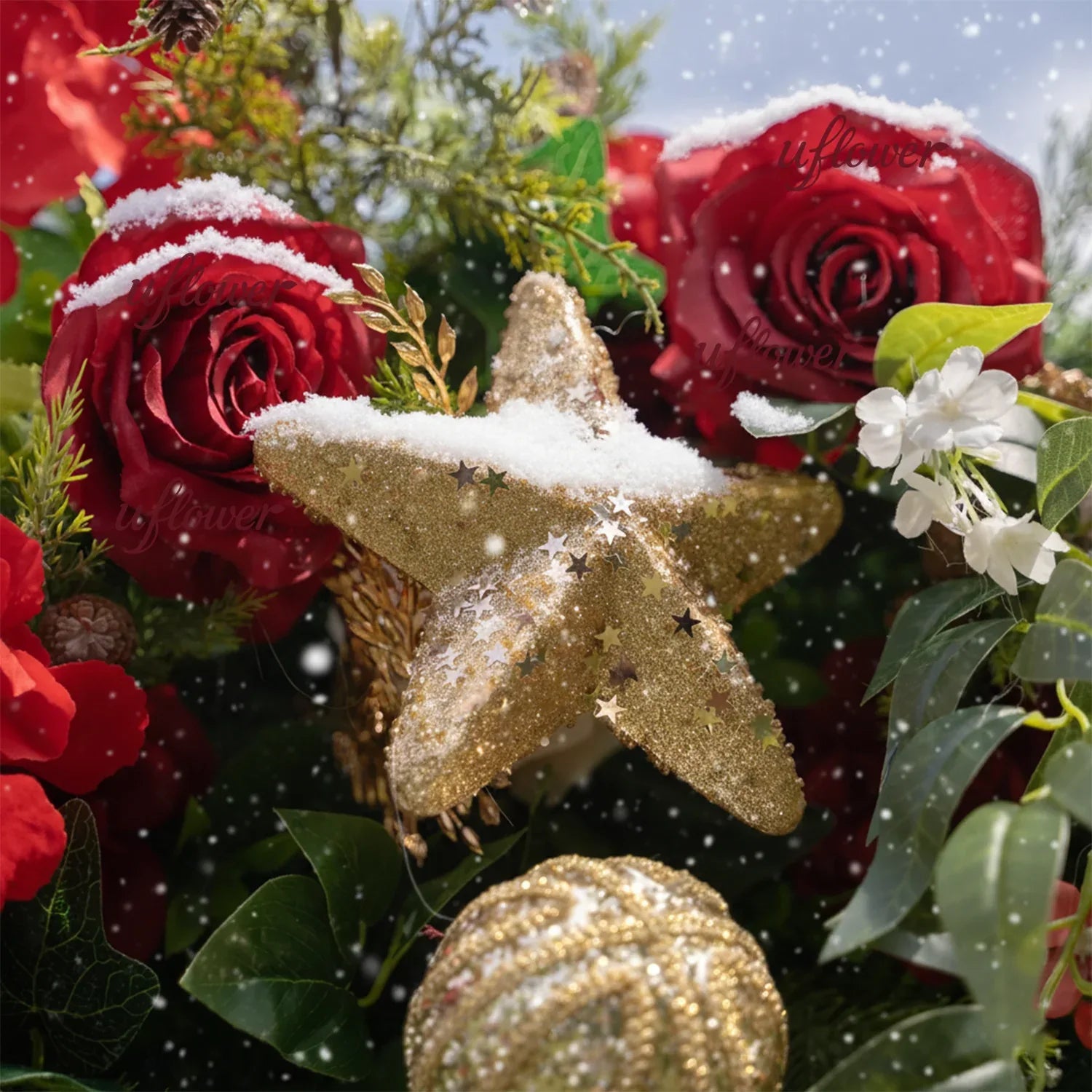Uflower Christmas Red Gold Flower Wall Luxurious Star & Ball Decorated Floral Backdrop Holiday Party Decor - Uflower