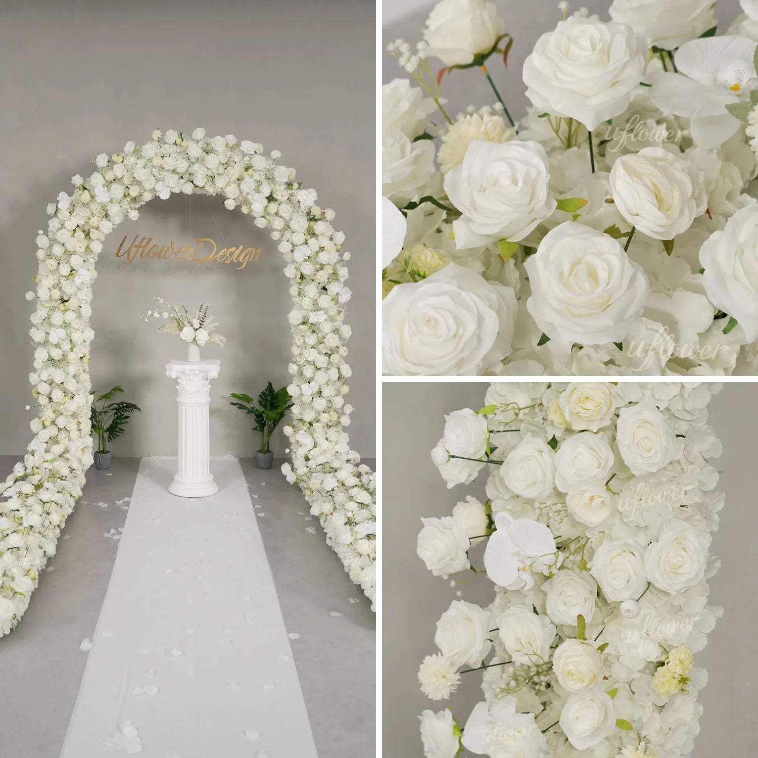 Uflower White Rose Floral Row Decor Wedding Backdrop Door Arch SET80218