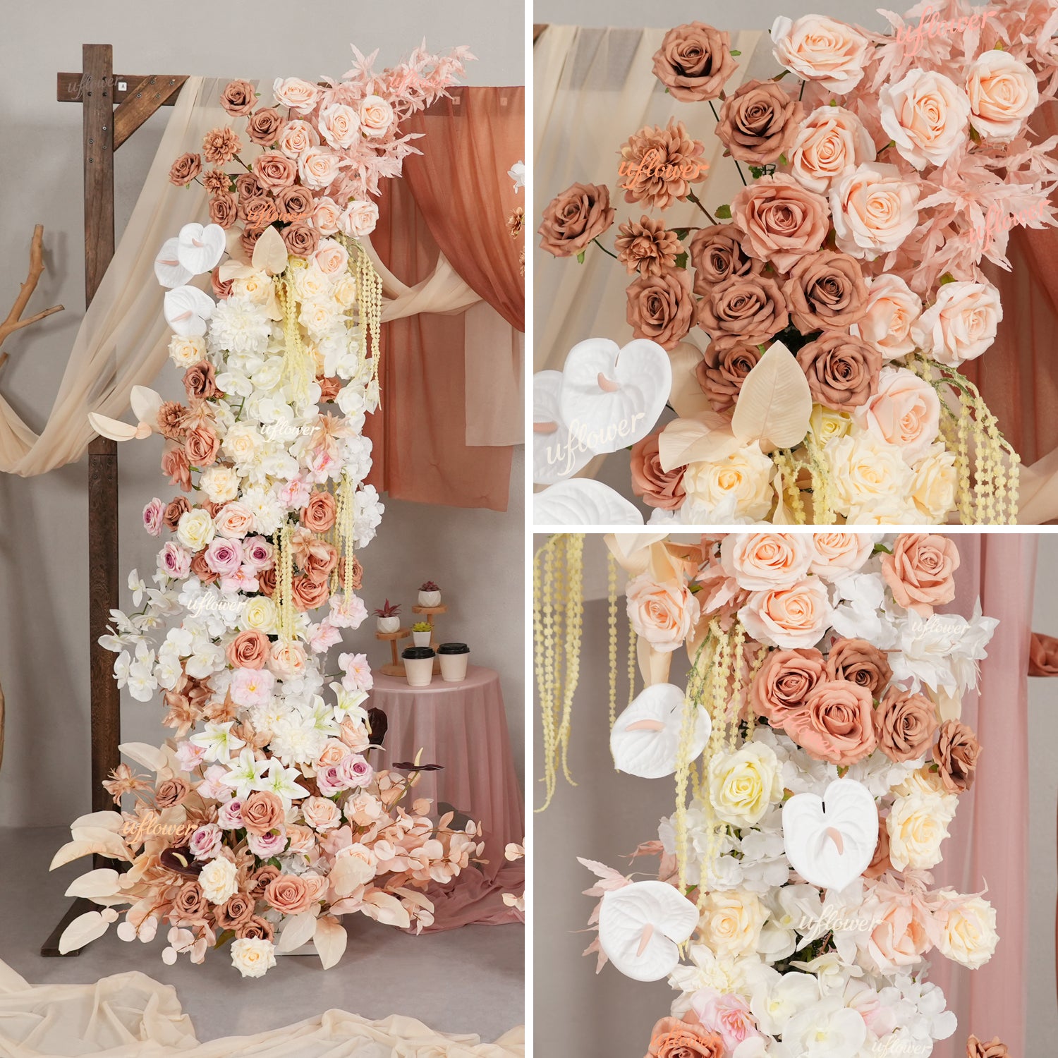 Uflower Terracotta Blush Floral Horn Arch Wedding Backdrop Props SET80222-01