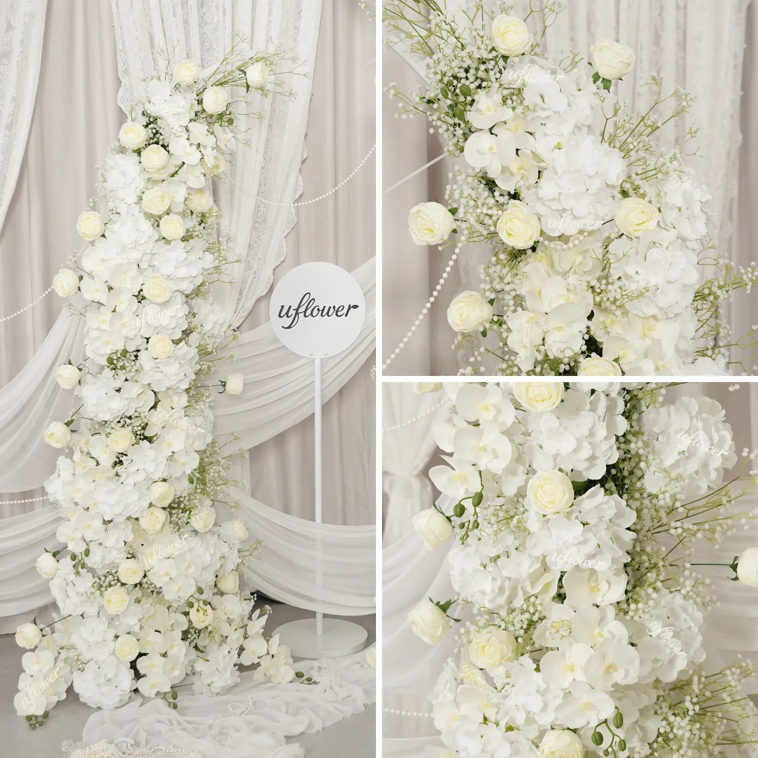 Uflower Baby's Breath White Floral Horn Arch Wedding Party Backdrop Decor SET80231