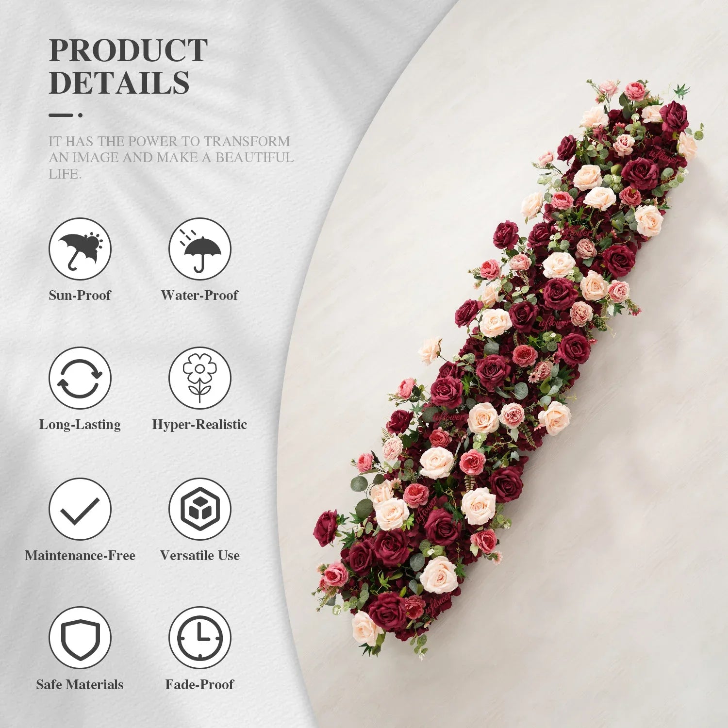 Uflower Artificial Red Rose Flower Row Wedding KT Backdrop Decor MC80124 - Uflower