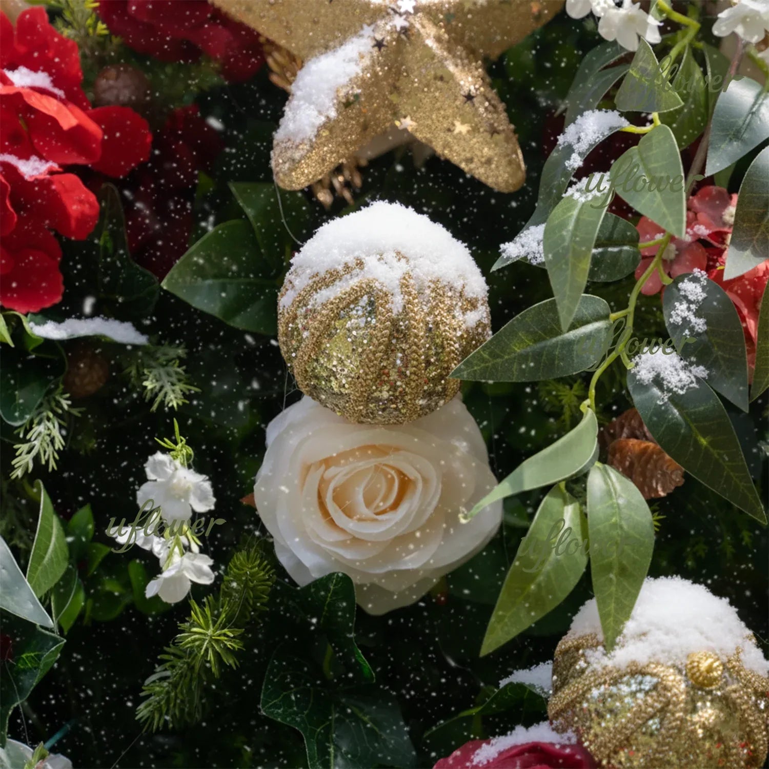 Uflower Christmas Red Gold Flower Wall Luxurious Star & Ball Decorated Floral Backdrop Holiday Party Decor - Uflower