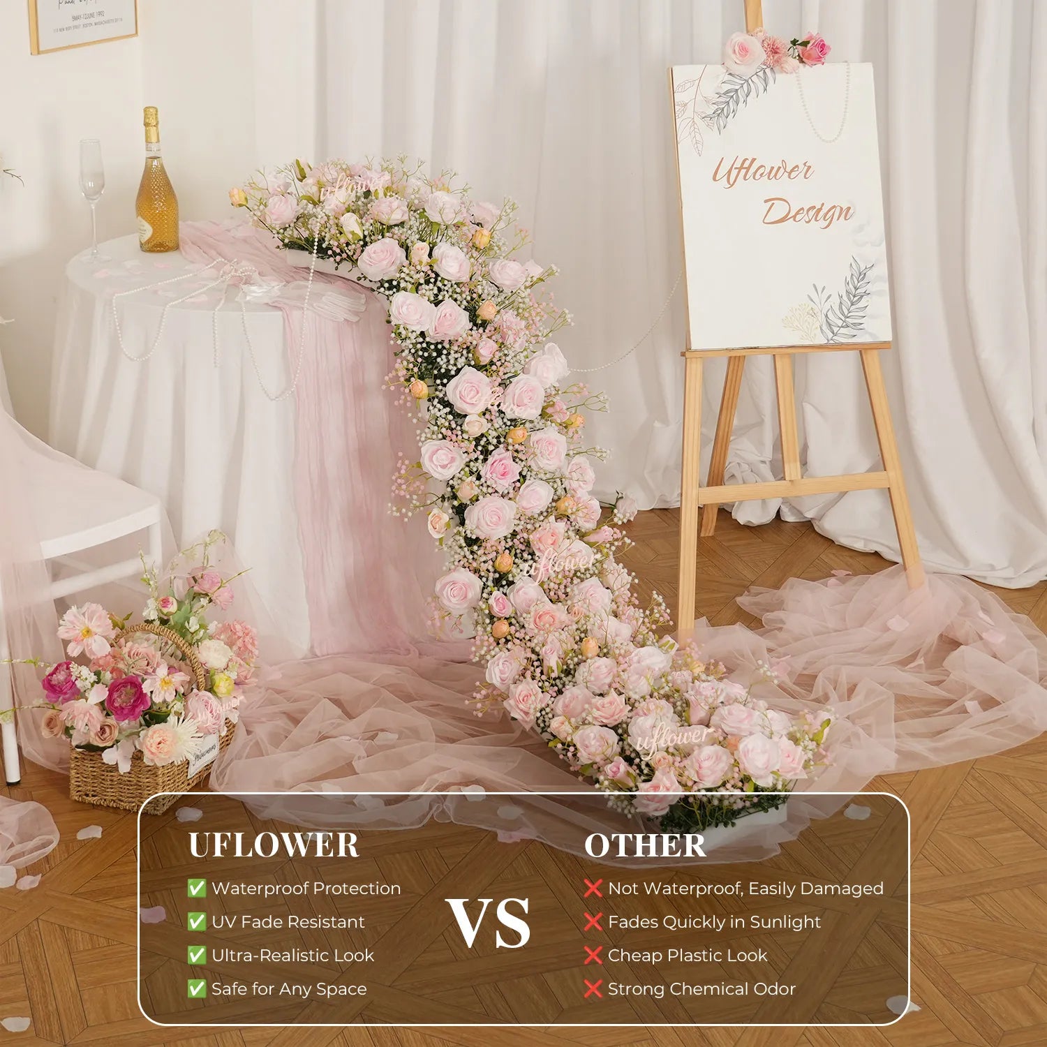 Uflower  Pink Rose&Baby's Breath Flower Row  Table Runner  MC80230-05