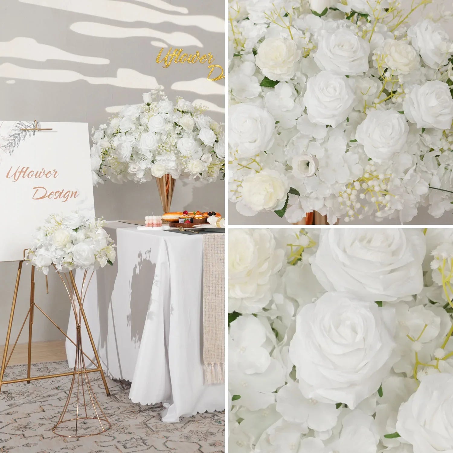 Uflower White Rose Baby's Breath Flower Ball For Table Centerpieces MB80080 - Uflower