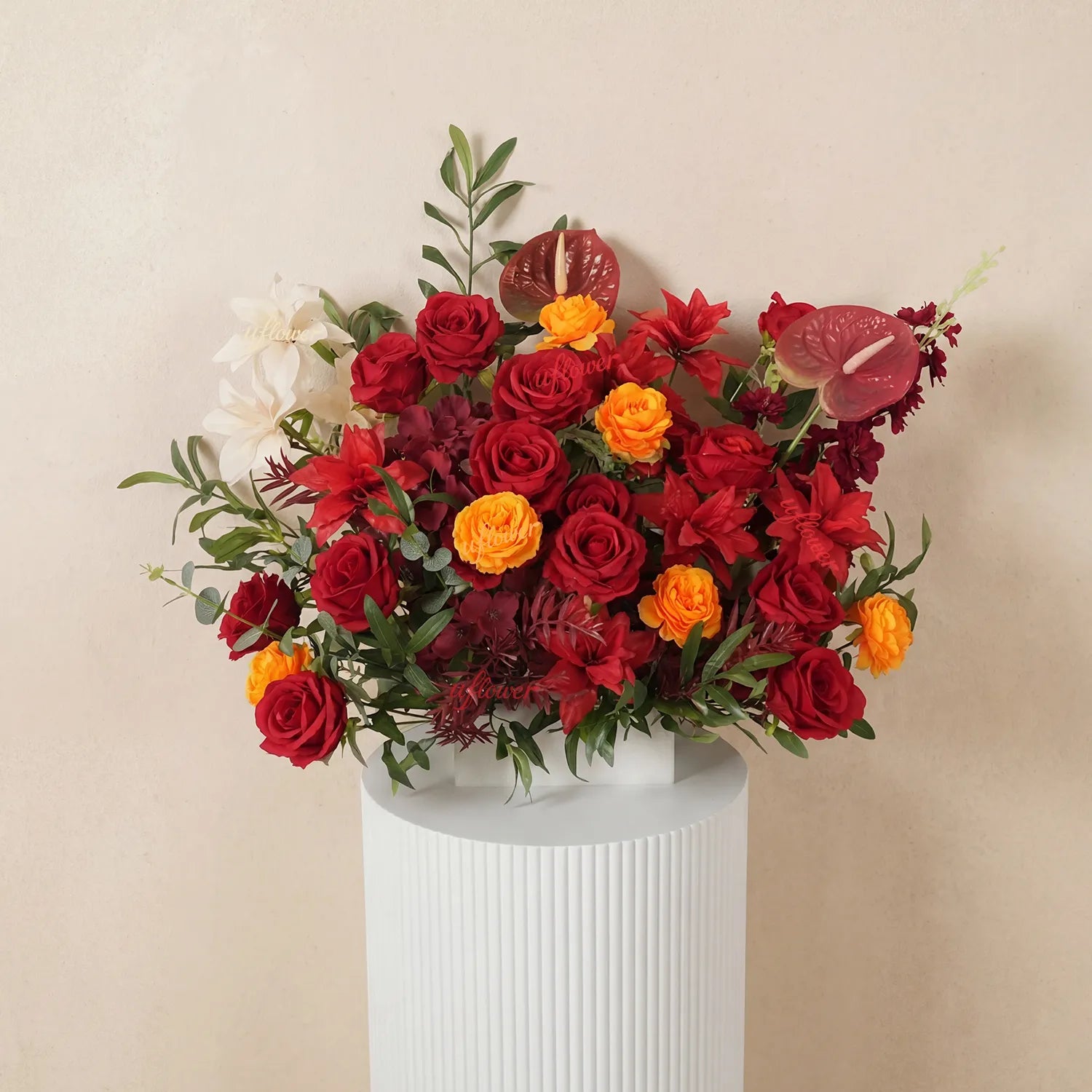 Uflower Red Orange  Flower Wedding Backdrop Arch Floral Arrangement SET80224