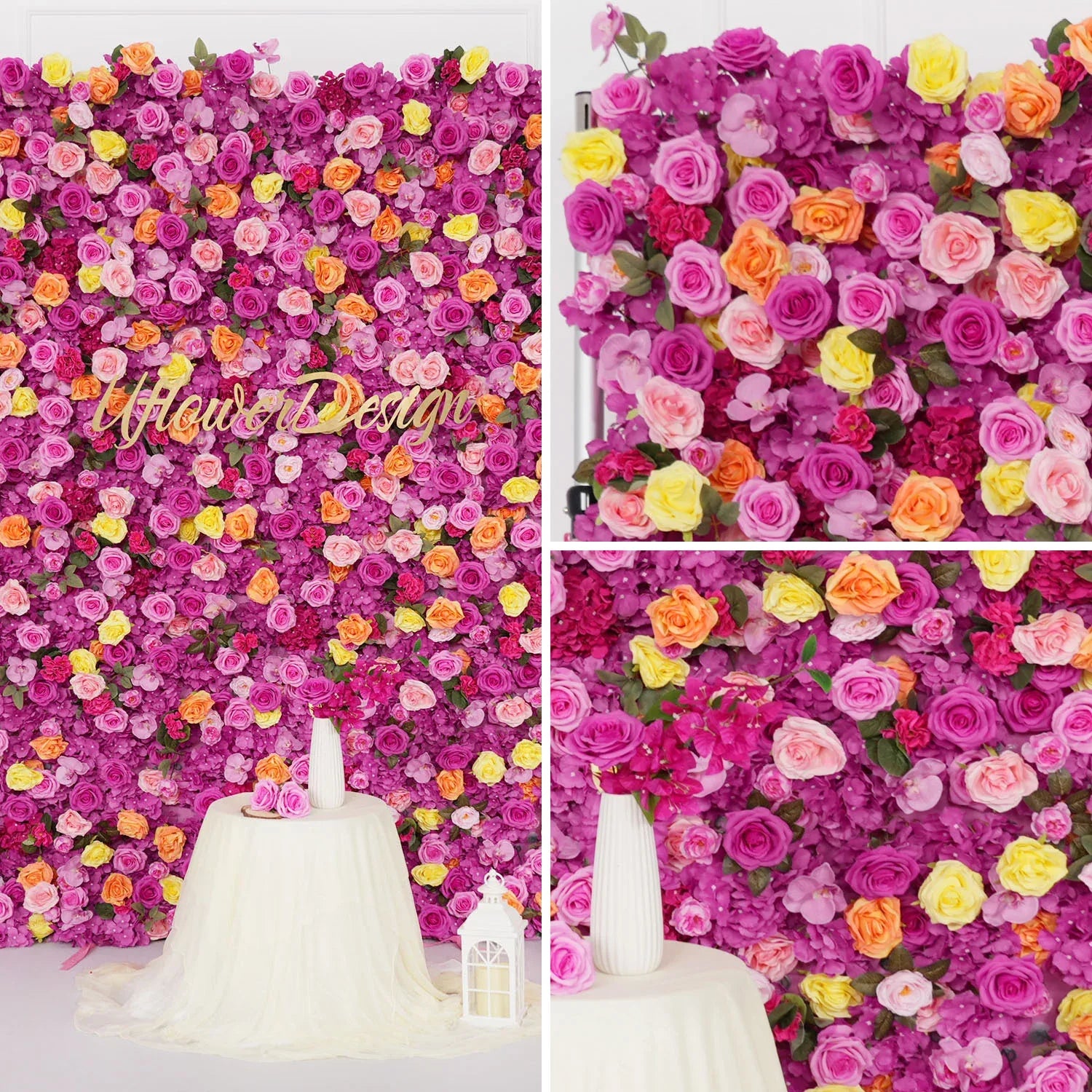 Uflower Flower Wall Hot Pink Orange Rose Floral Backdrop Wedding Party Proposal Decor Banquet Supplies SET80106 - Uflower