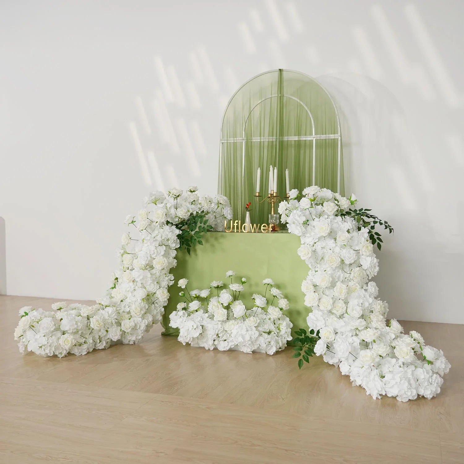 Uflower White Rose Table Runner Sofa Floral Wedding Backdrop Decor SET80120 - Uflower