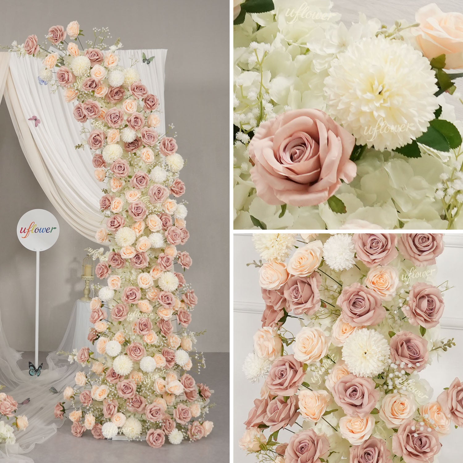 Uflower Champagne Horn Arch Baby's Breath Wedding Backdrop Party Event Decor Props SET80223