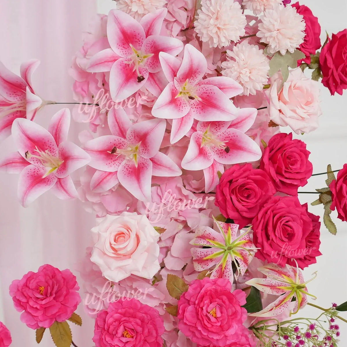Uflower Rose Pink Floral Arrangement Wedding Backdrop Floral Props SET