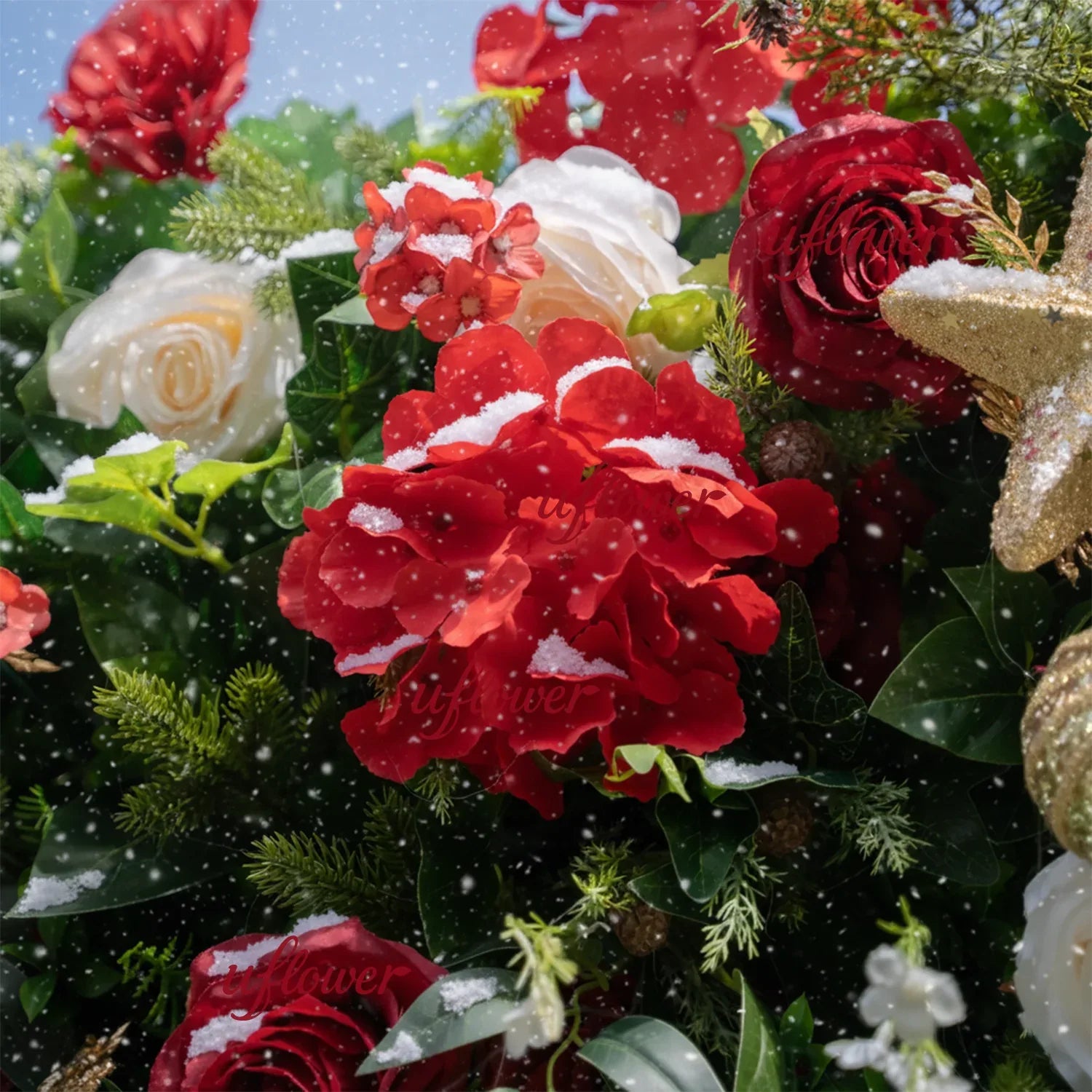Uflower Christmas Red Gold Flower Wall Luxurious Star & Ball Decorated Floral Backdrop Holiday Party Decor - Uflower