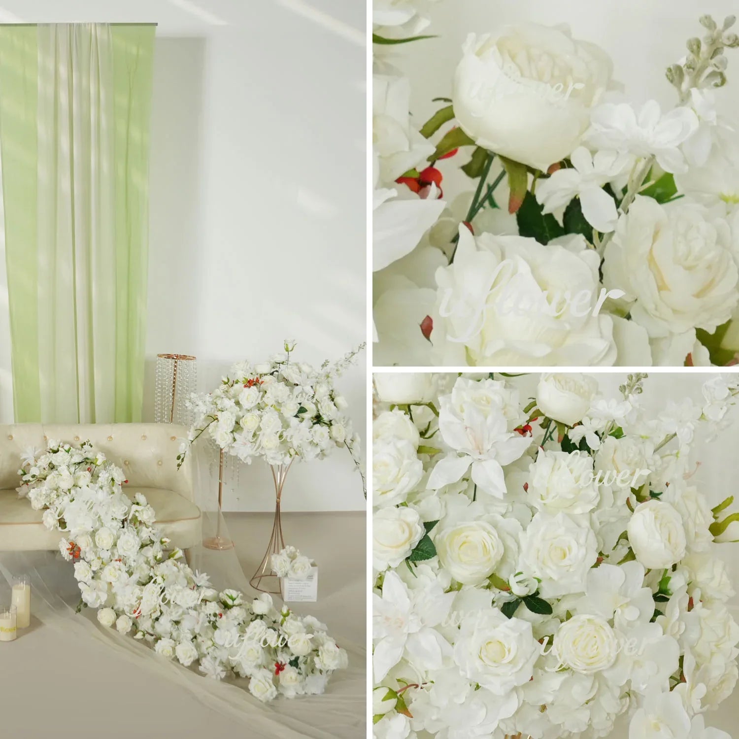 Uflower White Rose Table Runner Sofa Floral Wedding Backdrop Decor SET80146 - Uflower