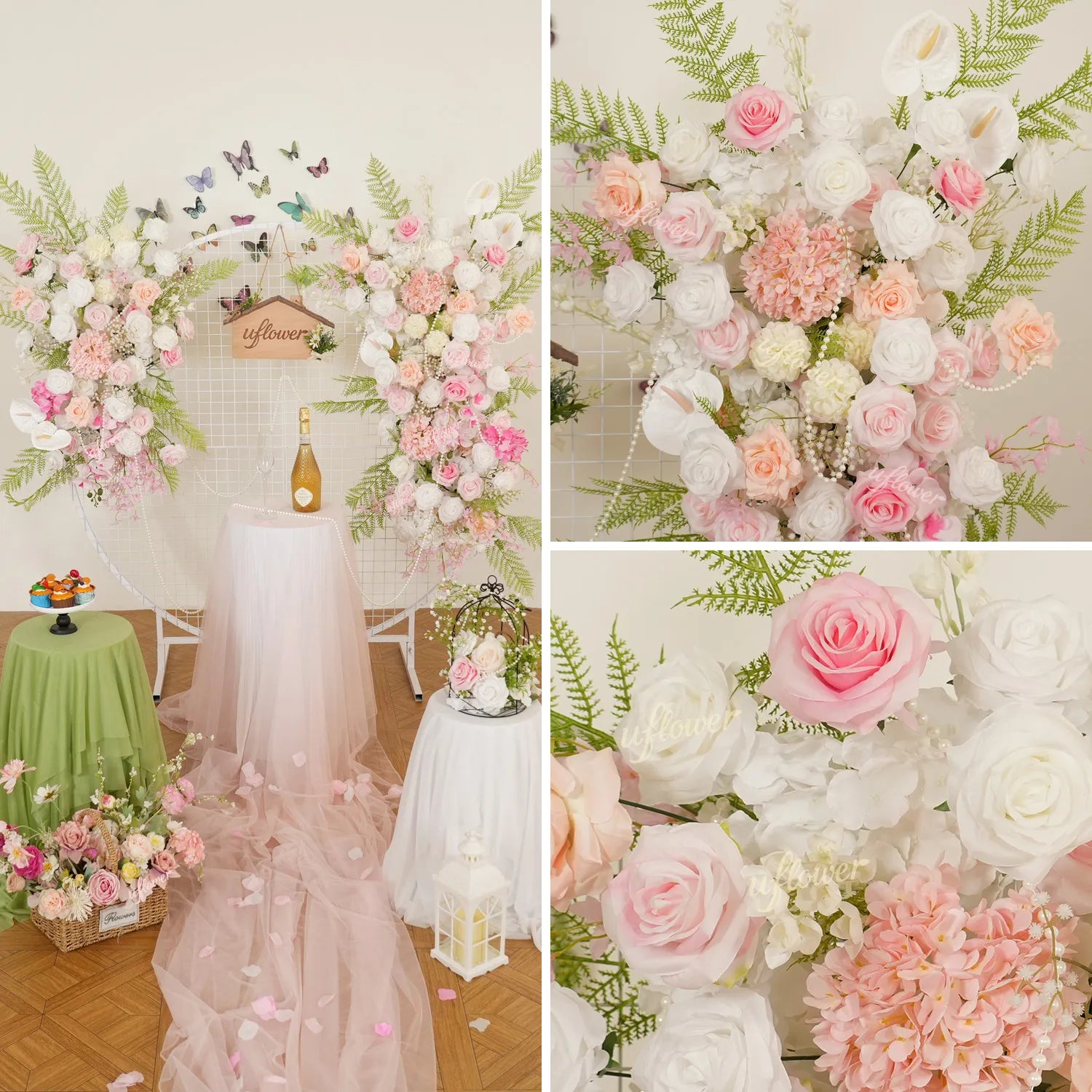 Uflower White Pink Floral Arrangement Wedding Party Arch Backdrop Decor SET80216