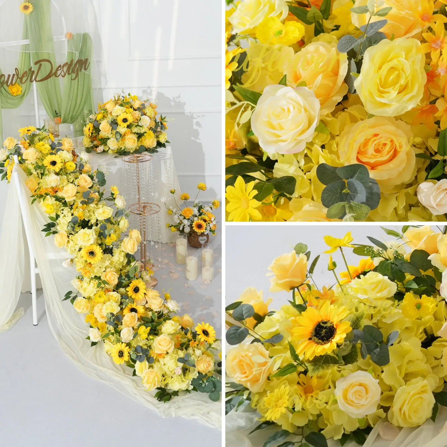 Uflower Yellow Rose Sunflower Table Runner Sofa Floral Wedding Backdrop Decor SET80150 - Uflower