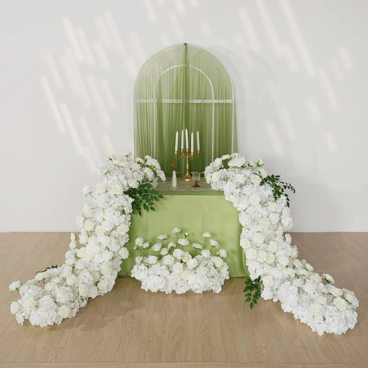 Uflower White Rose Table Runner Sofa Floral Wedding Backdrop Decor SET