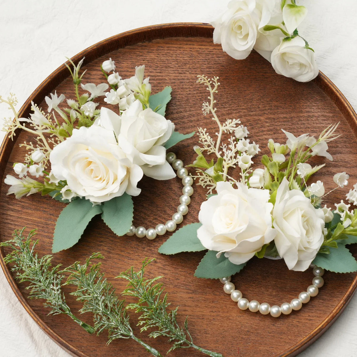 Uflower White Series With Greenery Bride Bouquet Wrist Corsage Groom Boutonniere Wedding Event Supplies SET80080-12 - Uflower