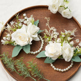 Uflower White Series With Greenery Bride Bouquet Wrist Corsage Groom Boutonniere Wedding Event Supplies SET80080-12 - Uflower