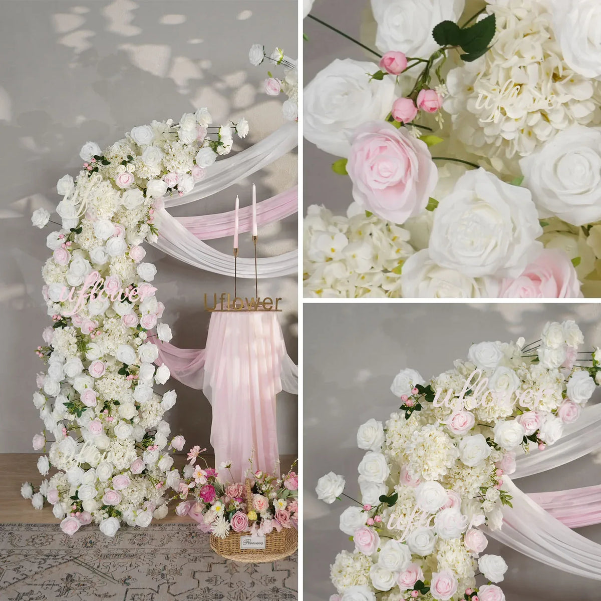 Uflower Pink White Rose Floral Horn Arch Wedding Party Backdrop Decor SET80143 - Uflower