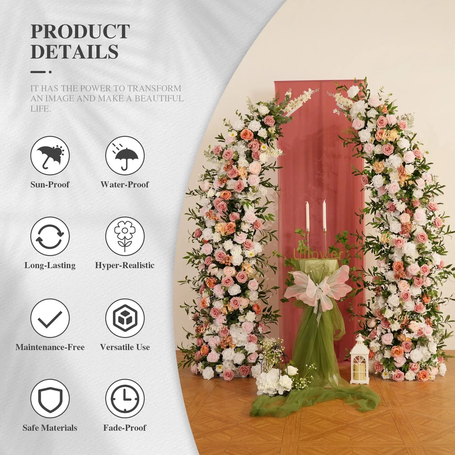 Uflower Blush Pink White Flower Horn Arch Wedding Party Birthday Backdrop Decor SET80191 - Uflower