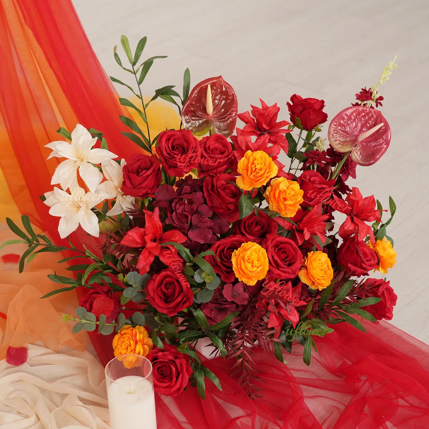 Uflower Red Orange  Flower Wedding Backdrop Arch Floral Arrangement SET80224