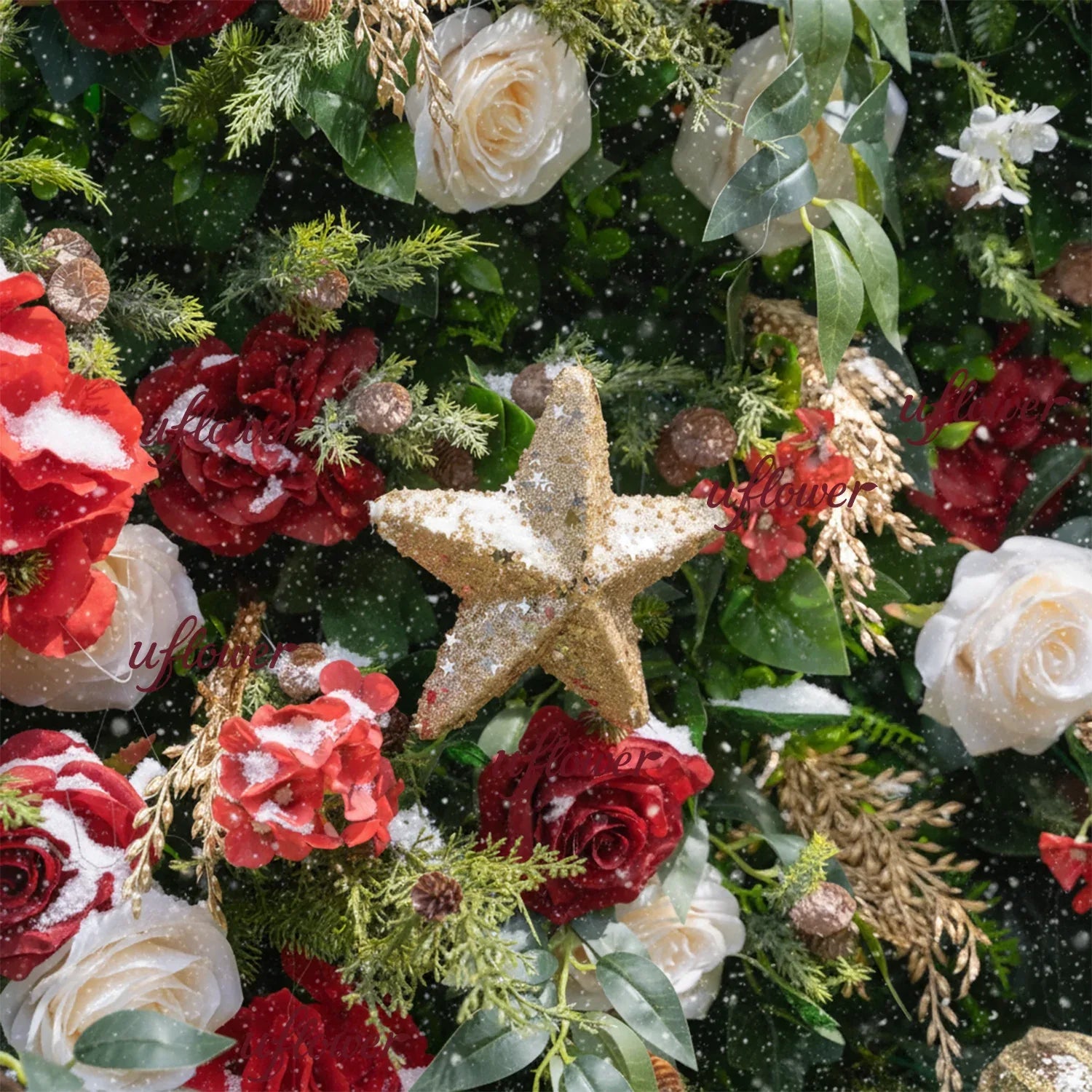 Uflower Christmas Red Gold Flower Wall Luxurious Star & Ball Decorated Floral Backdrop Holiday Party Decor - Uflower