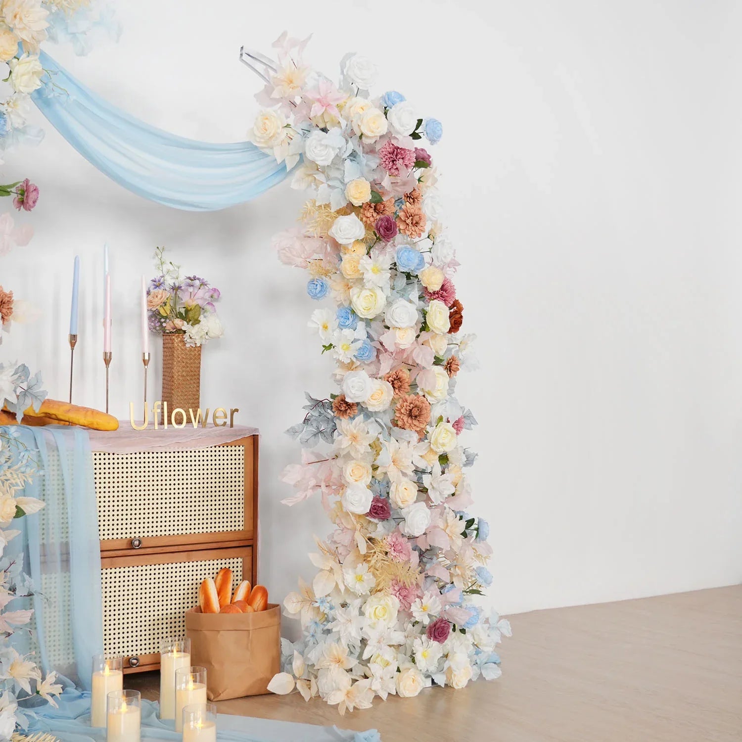 Uflower Pink Blue Champagne Horn Arch Decor Wedding Backdrop Floral Ball Arrangement SET80119 - Uflower