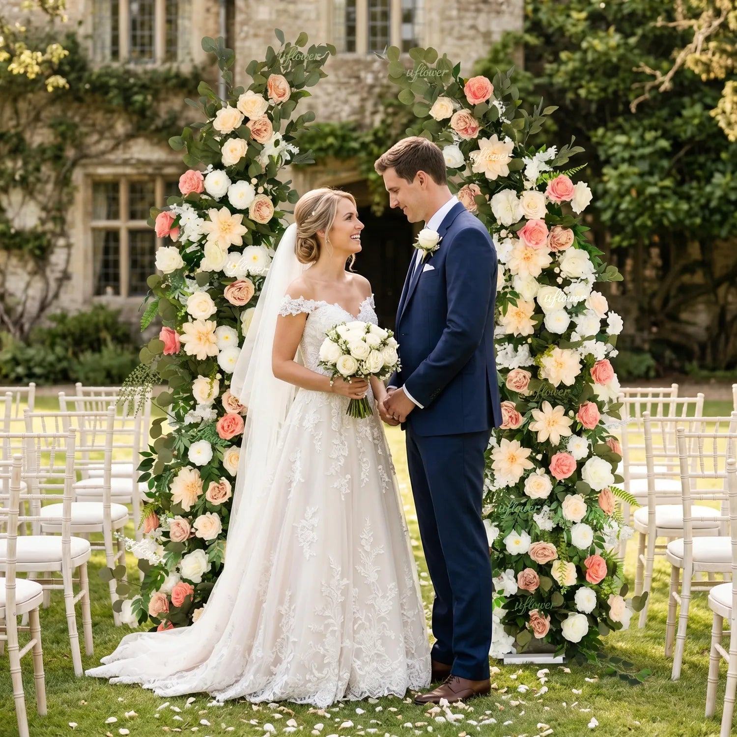 Uflower Pink White Greenery Horn Arch Wedding Backdrop Party Event Decor Props SET80252-01