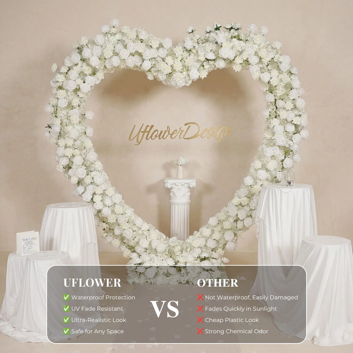 Uflower Artificial White Rose Heart Arch Wedding Decor SET80247-02