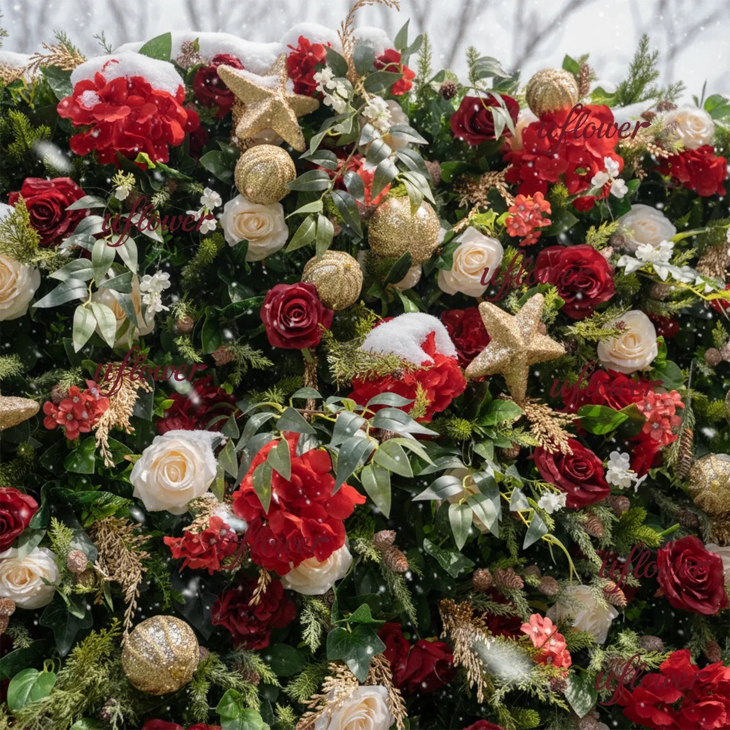 Uflower Christmas Red Gold Flower Wall Luxurious Star & Ball Decorated Floral Backdrop Holiday Party Decor - Uflower