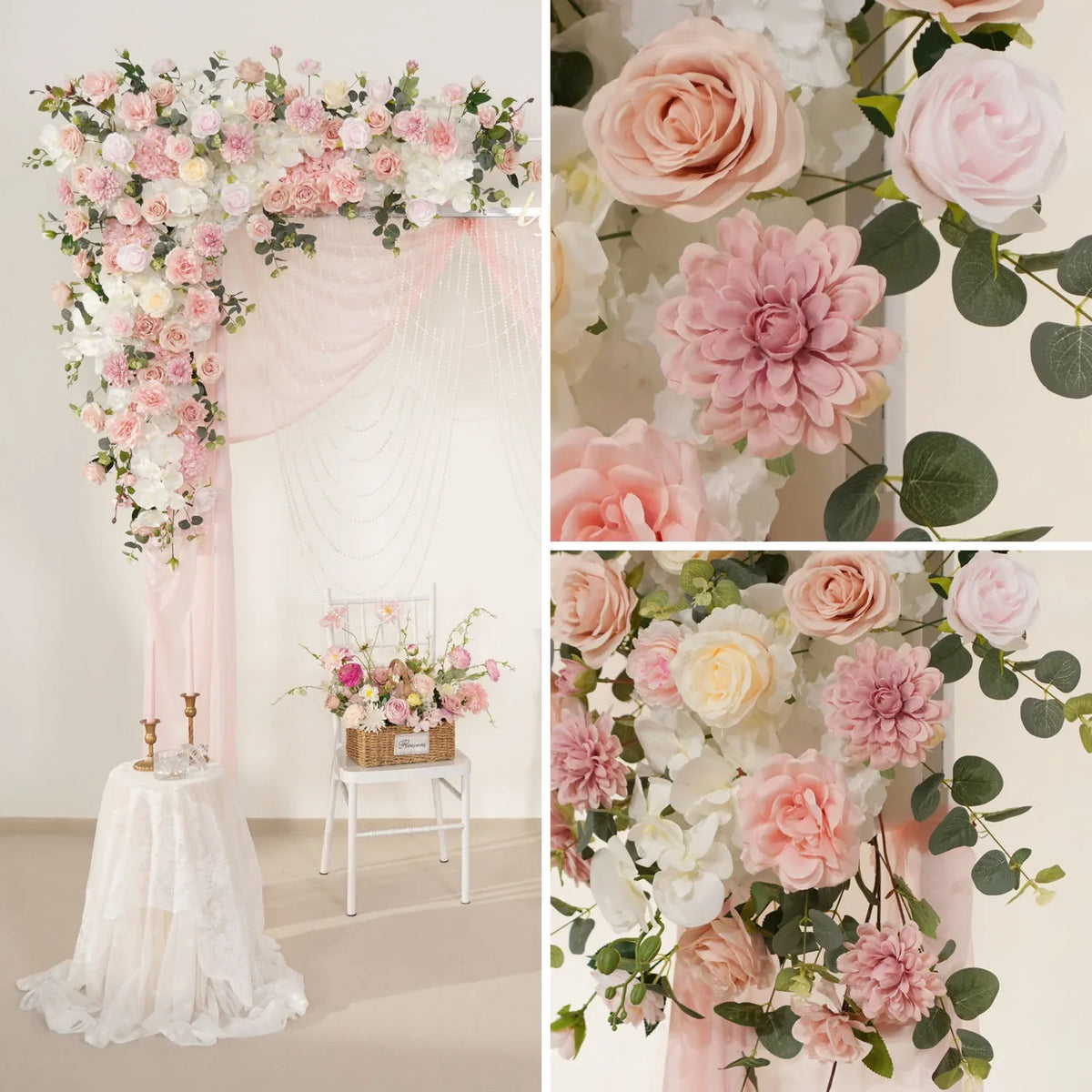 Uflower Wedding Backdrop Pink Rose Green Leaf Floral Arrangement SET80
