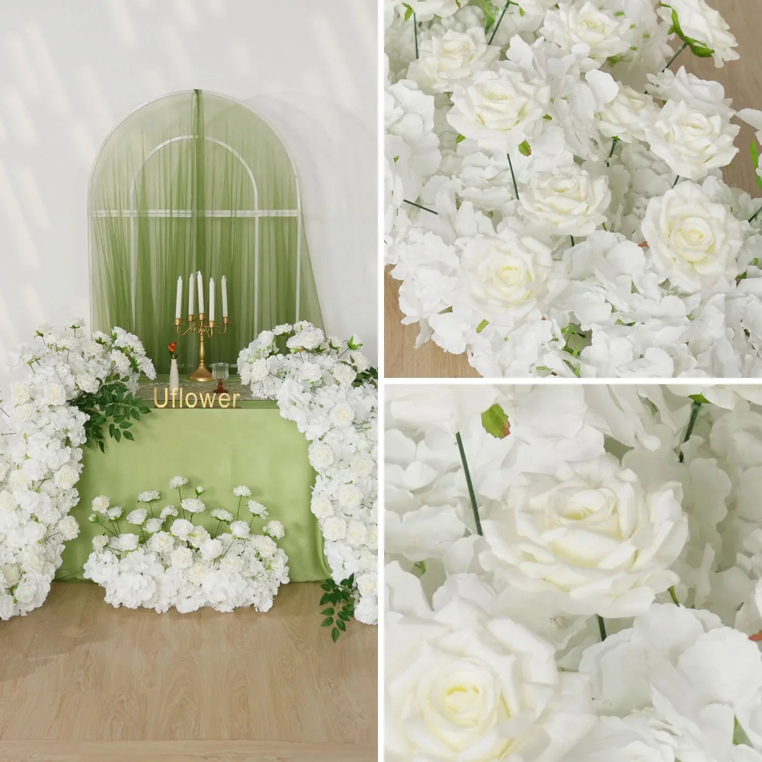 Uflower White Rose Table Runner Sofa Floral Wedding Backdrop Decor SET80120 - Uflower