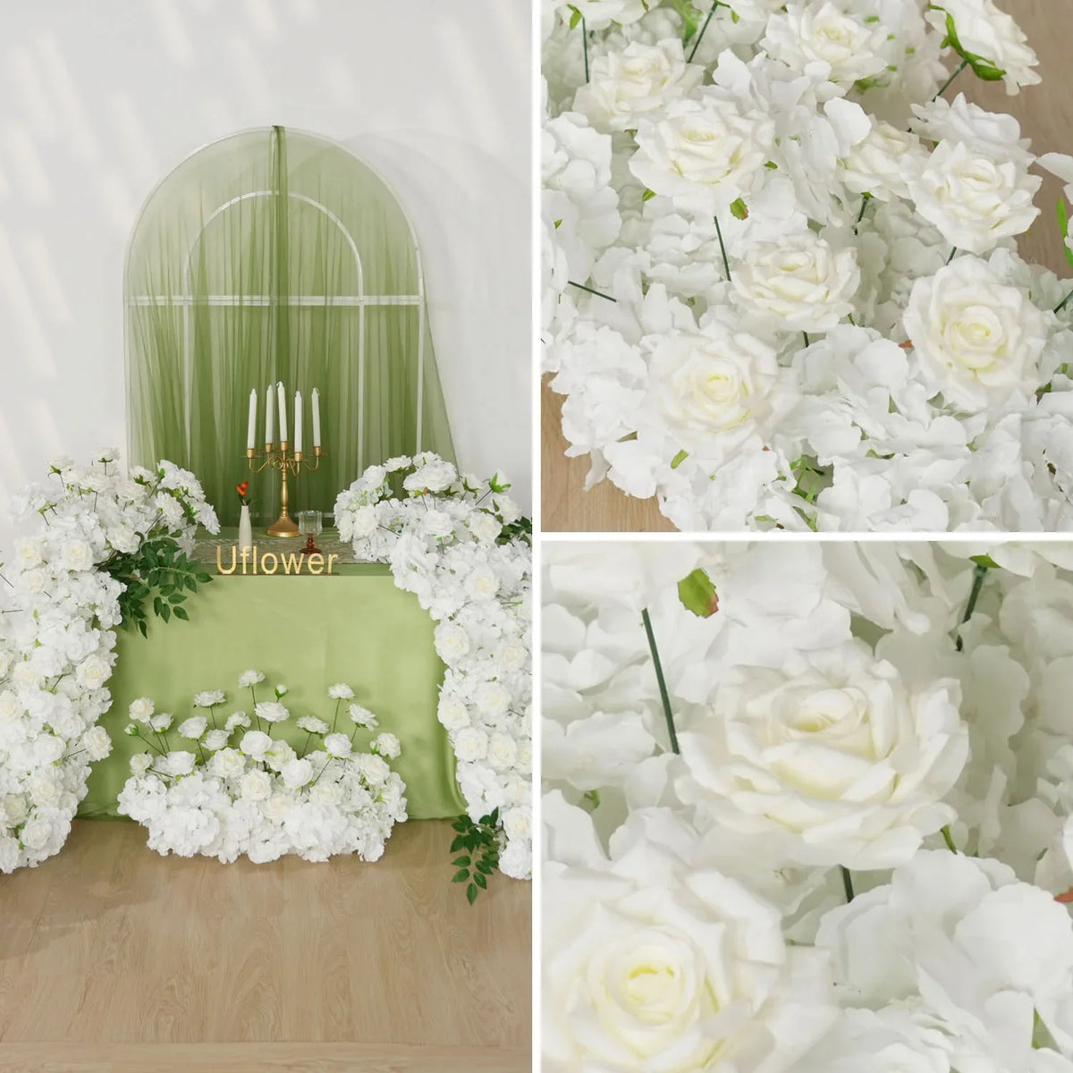 Uflower White Rose Table Runner Sofa Floral Wedding Backdrop Decor SET80120 - Uflower