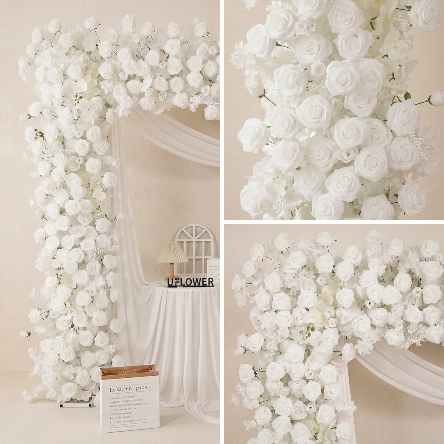 Uflower White Rose Flower Row Wedding Background Square Arch SET80256-01